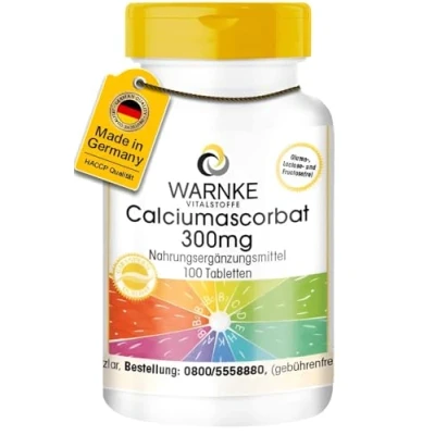 Abbildung von Calciumascorbat 300mg 100 Tabletten gepuffertes Vitamin C magenfreundlich vegan Warnke Vitalstoffe Deutsche Apothekenqualität