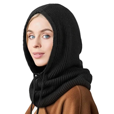 Abbildung von DRESHOW Wintermützen für Damen Balaclava Strickmütze Skull Cap mit Kordelzug Warmer Kapuzenschal Mütze