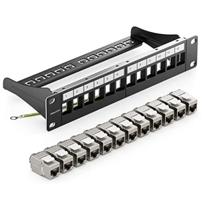 Abbildung von deleyCON 12 Port Patchpanel Set Patchfeld Modular 1 HE 10&quot; Zoll Rackeinbau + 12x RJ45 Keystone Module CAT6a Kompatibel mit CAT5 CAT6 CAT7 LAN Netzwerkkabel Verlegekabel Schwarz