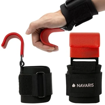 Abbildung von Navaris Zughilfen mit Haken für Krafttraining Zughilfe Set Fitness Bodybuilding Gelenkschutz Profi Kraftsport Straps Metallhaken Rot