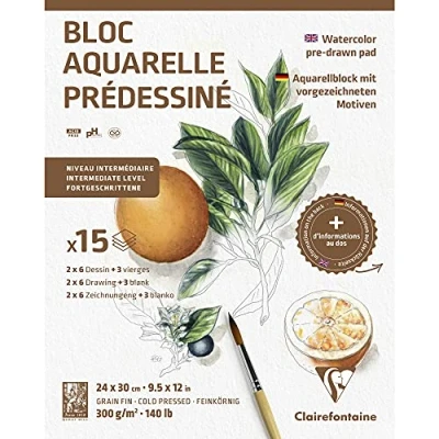 Abbildung von Clairefontaine 975726C Aquarellblock mit vorgezeichneten Motiven 15 Blatt (2 x 6 designs) 24x30 cm 300g, Natur