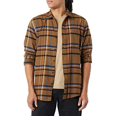 Abbildung von Amazon Essentials Herren Langarmhemd aus Flanell (in Übergröße erhältlich), Braun Schwarz Plaid Mischen, L