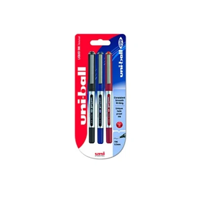 Abbildung von Uni ball 153486289 UB 150ye Micro Kugelschreiber, Super Tinte, 0.5 mm Spitze, 3 Stück schwarz/blau/rot