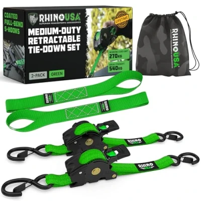 Abbildung von Einziehbare Spanngurte mit Ratsche (2 Pack) 540 kg Garantierte maximale Bruchfestigkeit, inklusive (2) Ultimate 2.5 cm x 3 m. automatischem Rückzug und gepolsterten Griffen Grün