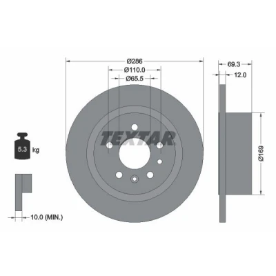 Abbildung von TEXTAR PRO 92067003 Bremsscheibe 286 12 05/07 110 voll beschichtet ohne Radbefestigungsbolzen, Radnabe OPEL: Omega B Caravan, Saloon