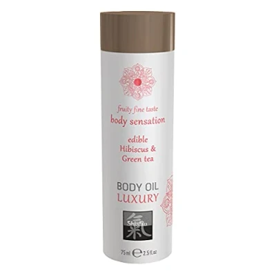 Abbildung von HOT SHIATSU Body Oil Luxury Hibiscus &amp; Green tea. Essbares Massageöl mit anregendem,aphrodisierenden Geschmack. Mehr spass erotik bei der Partnermassage, 75 ml
