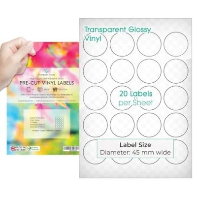 Abbildung von Evergreen Goods vorgeschnittene runde Aufkleber Etiketten Glänzend Transparent 45 mm (20/Stück), 10 Blatt, 200 insgesamt Bedruckbar Selbstklebend Kreisförmig Vinyl