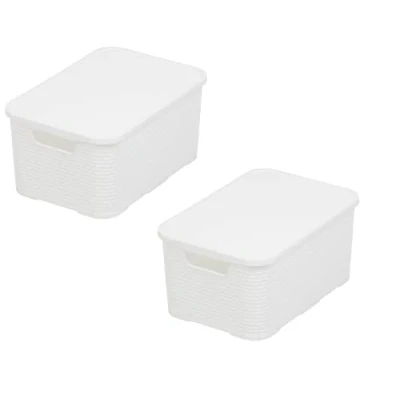 Abbildung von BranQ Home essential Korb mit Deckel in Rattan Design 2er Set Grösse S 7l, BPA frei Kunststoff PP, Weiß, 28,5x19,5x12,9 cm, 2 Stk.
