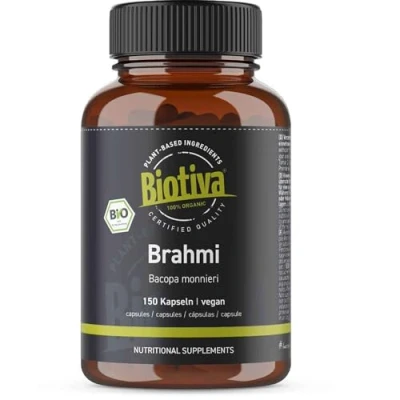 Abbildung von Brahmi Kapseln Bio 150 500mg pro Kapsel Bacopa Monnieri Gedächtnispflanze vegan ohne Zusatzstoffe Abgefüllt und kontrolliert in Deutschland Biotiva