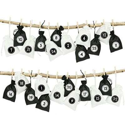 Abbildung von Papierdrachen 24 Adventskalender Stoffsäckchen zum Befüllen mit Bäckergarn und Klammern Stoffbeutel selber Dekorieren Geschenksäckchen Schwarz weiße Eleganz Nr 12
