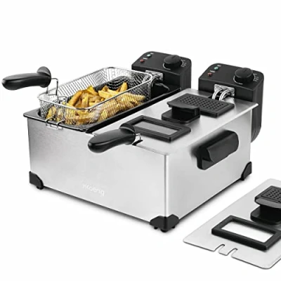 Abbildung von H.Koenig DFX600 Fritteuse aus Edelstahl, Doppelbecken, 2 unabhängige Thermostate je 3L, herausnehmbare spülmaschinenfeste Körbe, Geruchsfilter, Überhitzungsschutz, Silber