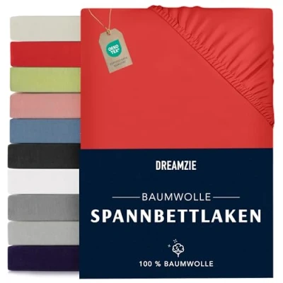 Abbildung von Dreamzie Spannbettlaken 90x190/200cm Baumwolle Oeko Tex Zertifiziert Rot 100% Jersey Spannbetttuch 90x190/200