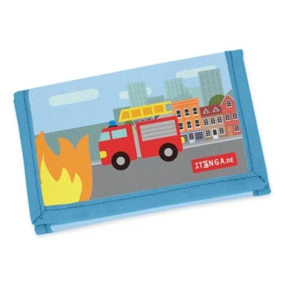 Abbildung von itenga Kinder Geldbörse Geldbeutel und Brustbeutel mit Klettverschluss, Kordelband, Geldscheinfach Münzfach Sichtfenster für Mädchen Jungen (Motiv Feuerwehr 2)