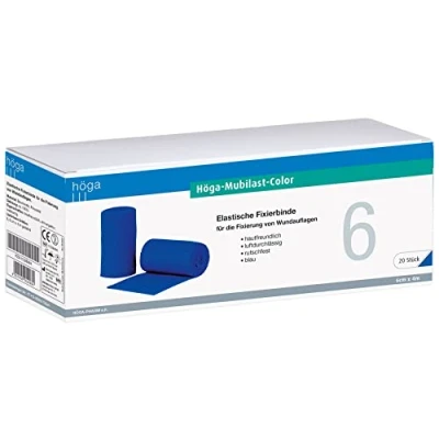 Abbildung von Höga Pharm Mubilast Color, 6 cm x 4 m gedehnt, 20 Stück, blau, elastische Fixierbinde für die Fixierung von Wundauflagen, hautfreundlich, luftdurchlässig, rutschfest