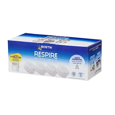 Abbildung von Bostik RESPIRE 4 Nachfülltabs für Luftentfeuchter, ohne Farbstoffe und Duft, Haus, Wohnung Wohnwagen, Räume bis 25 m², Nachfülltabs, x 250 g, Feuchtigkeitsabsorber, 30623618, Weiß