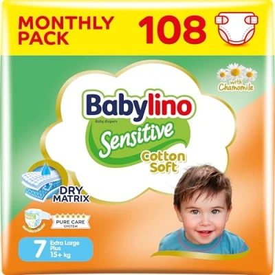 Abbildung von Babylino Sensitive Baby Windeln Größe 7, Extra Large Plus (+15Kg), 108