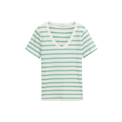 Abbildung von TOM Tailor MIT Vausschnitt Tshirt print, Damen, Größe: Large, Offwhite faded green stripe