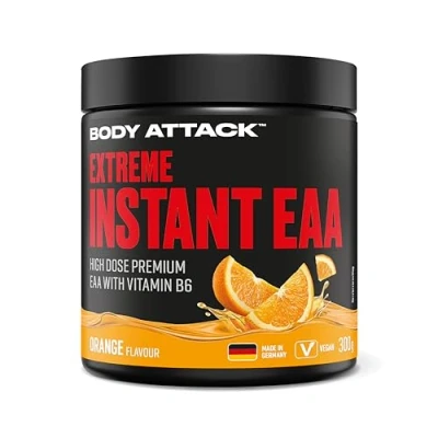 Abbildung von Body Attack Extreme Instant EAA Pulver Orange, 300 g Vegan, Made in Germany 8 essentielle Aminosäuren für eine Protein reiche Ernährung &amp; intensives Training Ideale 2:1:1 Ratio