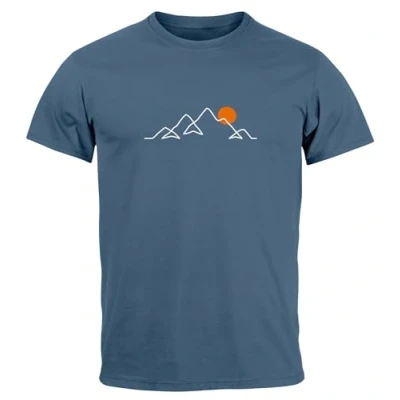 Abbildung von Neverless® Herren T Shirt Frontprint Line Art Berge Wandern Natur Outdoor Fashion Streetstyle Denim Blue L