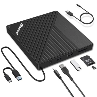 Abbildung von JBonest Externes CD DVD Laufwerk USB 3.0 Typ C, Extern mit SD/TF Kartenleser Portable RW Brenner,Schnelle Datenübertragung für Laptop,Desktop,MacBook,Win11/10/8/7/XP, Linux,Mac OS,Vista