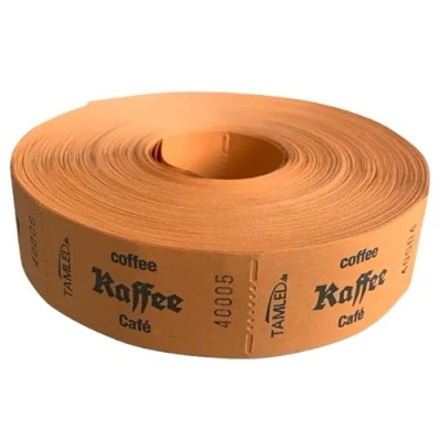 Abbildung von TAMLED Bonrolle KAFFEE orange 1 Rolle mit 1000 perforierten Abrissen fortlaufend nummeriert Gastromarken Festival Getränke Verpflegung Events Firmenveranstaltung Volksfest Vereinsfest Wertmarke