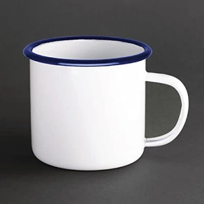 Abbildung von Olympia Emaille Kaffee /Teebecher, 350 ml/12,5 oz (6er Pack), weiß und blau, Trinkbecher Set aus emailliertem Stahl ideal für Zuhause, Büro, Camping, Baustelle gewerbliche / private Nutzung, GM516