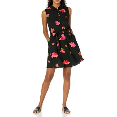 Abbildung von Amazon Essentials Damen Ärmelloses gewebtes Hemdkleid mit lockerer Passform, Schwarz Rosa Blumen, XS