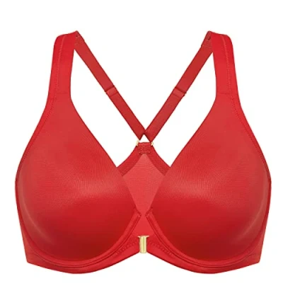 Abbildung von DELIMIRA Damen Vorderverschluss Racerback BH Grosse Grössen Bügel BHS Tiefer Ausschnitt Ungefüttert Vollschalen Lippenstift Rot 75D