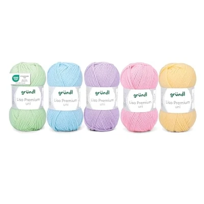 Abbildung von Gründl Wolle Lisa Premium uni, Garn zum Stricken und Häkeln aus 100% Polaycryl, 50 g / 133 m, 5 x Knäuel, Strickset Babygrün Blau Lila Rosa Gelb