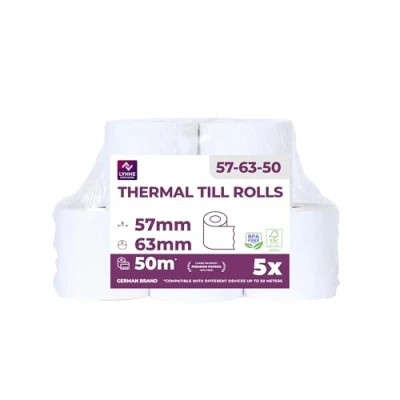 Abbildung von Thermorollen 57mm x 50m 12mm Kassenrollen Bonrollen für Registrierkasse mit Bondrucker Thermopapier Kassensysteme BPA Frei (57 58x63x12) (5 Rollen)