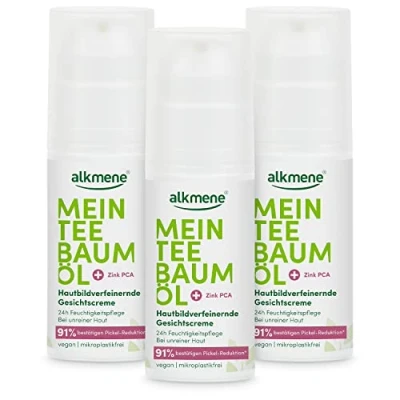 Abbildung von alkmene Teebaumöl Gesichtscreme 3x 50 ml Pickel Reduktion 91% bestätigt Naturreines Teebaumöl, vegan &amp; klimaneutral Creme für mit 24h Feuchtigkeitspflege unreine Haut