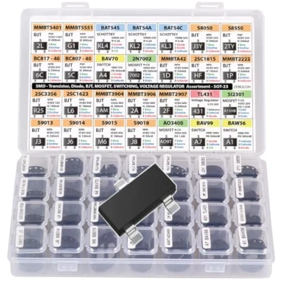 Abbildung von SMD SMT Elektronische Komponenten Sortiment, Transistoren, BJT, MOSFET, Dioden, Schottky, Spannungswandler, SOT 23, 28 Typen, 1400 Stück