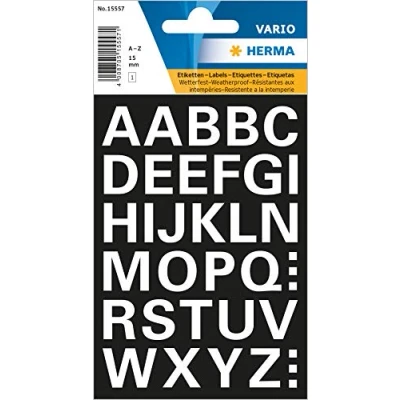 Abbildung von HERMA 15557 Buchstaben Aufkleber weiß, 36 Stück, Schriftgröße 15 mm, selbstklebend, wetterfest, groß, Alphanet Sticker Klebebuchstaben A Z aus Folie zum Aufkleben, schwarz