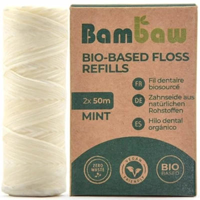 Abbildung von Öko Zahnseide Nachfüllpackung Vegan Zero Waste Plastikfreier Spender gewachst nachhaltig kompostierbare Minzgeschmack 2x50m Bambaw