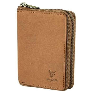 Abbildung von MATADOR Geldbörse Portmonee Geldbeutel Herren Leder mit YKK Metall Reißverschluss Portemonnaie Geldtasche Kartenetui Brieftasche RFID Blocker und Geschenk Box Kartenportmonai Hell Braun