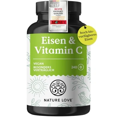 Abbildung von NATURE LOVE® Eisentabletten mit Vitamin C 240 Stück 20mg Eisen und 40mg pro Tablette Hoch bioverfügbares bisglycinat (Eisen Chelat) vegan, in Deutschland produziert