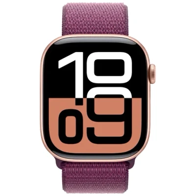 Abbildung von Apple Watch Series 10 (GPS + Cellular 46 mm) Smartwatch mit Aluminiumgehäuse in Roségold und Sport Loop Pflaume (One Size). Fitnesstracker, EKG App, Always On Retina Display, CO₂ neutral