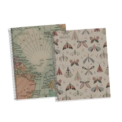 Abbildung von MIQUELRIUS Packung mit 2 Notizbüchern, 100 % recycelt, DIN A4, kariert, 80 g, mikroperforiert, Rand 4 Lochungen und farbiger Streifen Ecobutterfly Ecomaps.