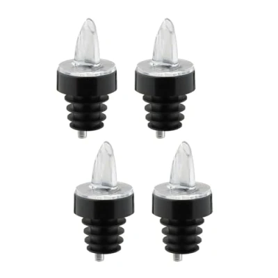Abbildung von Westmark 4 Spirituosen Ausgießer für Flaschen, Dosierer mit Luftröhrchen, Deko Ring, Kunststoffkorken, Jet Pour, Transparent/Schwarz, 4122248G