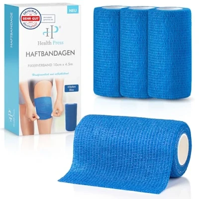 Abbildung von Selbstklebender Verband 4 Bandagen Rollen (10cm x 4,5m) Original Health Press Pflaster Rolle Verbandsmaterial Elastische Bandage Haftbandage selbstklebend Blau