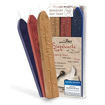 Abbildung von gravurART Siegelwachs Briefe, Einladungen und Geschenke versiegeln aufpeppen mit Stempelwachs für Siegelstempel 3 Stangen Wachs Docht, Mix Gold Rot met. Dunkelblau