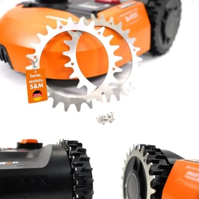 Abbildung von BEOS® PREMIUM Edelstahl Spikes für Worx Landroid S/M Poliert Gesenkte Schraubenlöcher Entgratet 12x Schrauben Traktionsverbesserung Mähroboter Rasenmäher Roboter Radgröße 205 mm