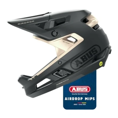 Abbildung von ABUS Fullface Helm AirDrop MIPS MTB: Downhill, Freeride und Enduro Mountainbike mit optimierter Belüftung Ambient Sound Channel für Erwachsene, Schwarz/Gold, Größe L/XL