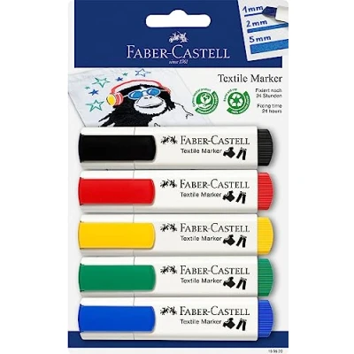 Abbildung von FABER CASTELL 159520 Textilmarker in Standardfarben, geeignet für helle Stoffe, 5er Packung, ideal Babypartys, Kindergeburtstage, Junggesellenabschiede