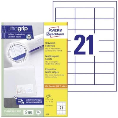 Abbildung von AVERY Zweckform 3670 Adressaufkleber (2.100 Klebeetiketten, 64x36mm auf A4, Papier matt, individuell bedruckbare Absenderetiketten, selbstklebende Adressetiketten mit ultragrip) 100 Blatt, weiß