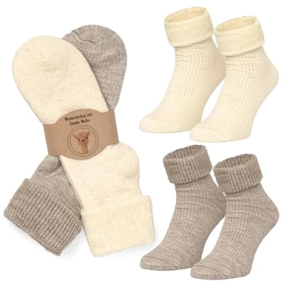 Abbildung von MOUNTREX Alpaka Socken, Wollsocken für Damen Herren Wintersocken, Warme Haussocken, Thermosocken Kuschelsocken 2 Paar, Beige/Braun (Dick Thermo mit Umschlag), 35 38