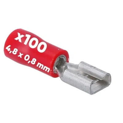 Abbildung von 100 Stück Kalitec FHR488 Flachsteckhülsen rot 4,8x0,8 Kabelverbinder I 0,5 1,5mm² Steckverbinder teilisoliert Messing PVC Kragen für Kfz &amp; Industrie