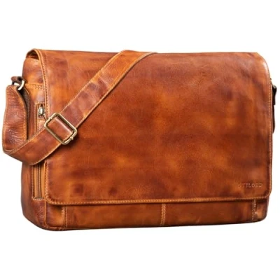 Abbildung von STILORD &#039;Tom&#039; Vintage Umhängetasche, Leder, elegant, Schultertasche, Unisex, für 15 Zoll Laptops, Handtuch, Larino Braun, L