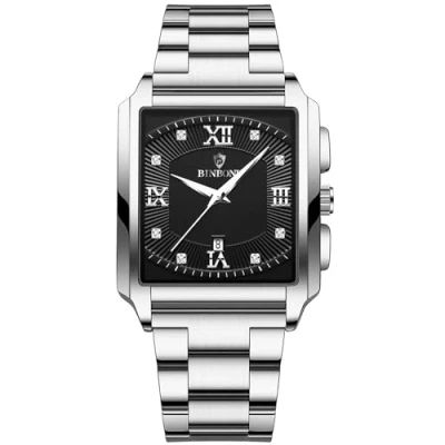 Abbildung von JewelryWe Herrenuhr Edelstahl Rechteckige Uhr: Herren 30m Wasserdicht Kalender Analog Quarz Armbanduhr Männer Silber Edelstahlarmband Leuchtend Uhr mit Schwarz Eckigem Römischen Ziffern Zifferblatt