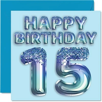 Abbildung von Geburtstagskarte zum 15. Geburtstag für Jungen Blauer Glitzer Partyballon Happy Birthday Karten 15 Jahre alten Jungen, Enkel, Sohn, Bruder, Neffe, 145 mm x mm,